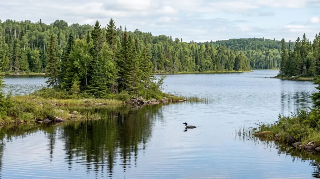 Common Loon on a forest-lined lake with a sheltered island and open water.