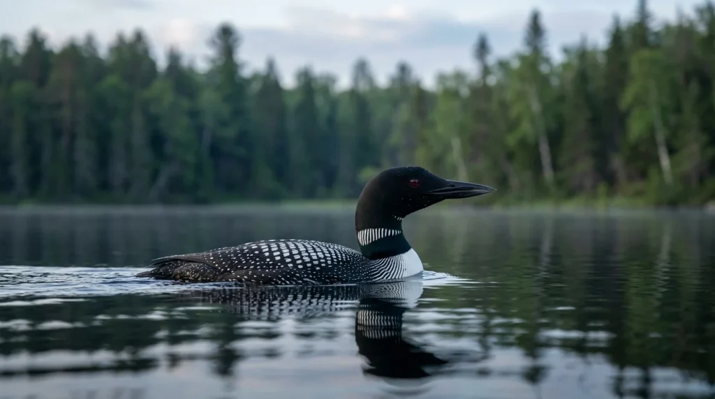 Common Loon in breeding plumage swimming on a calm northern lake.