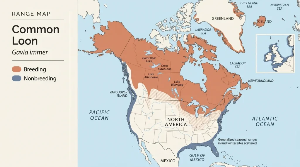 Generalized Common Loon range map showing breeding, winter, and migration areas.