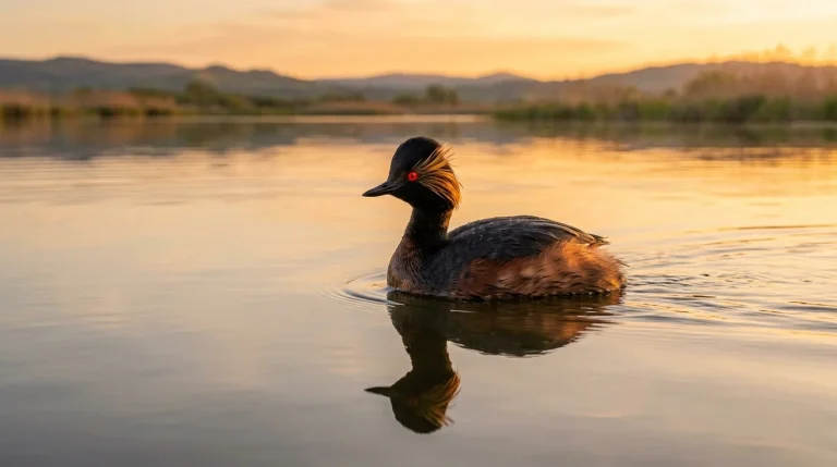 An adult Eared Grebe in full breeding plumage floating gracefully on calm morning water.