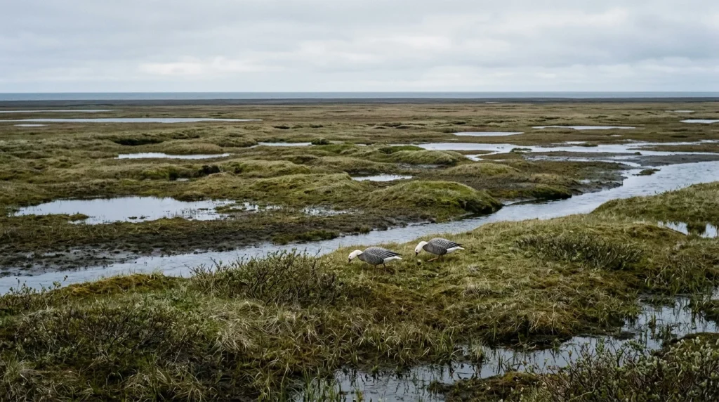 Emperor Geese in flat coastal tundra with sedges, shallow ponds, and tidal channels.