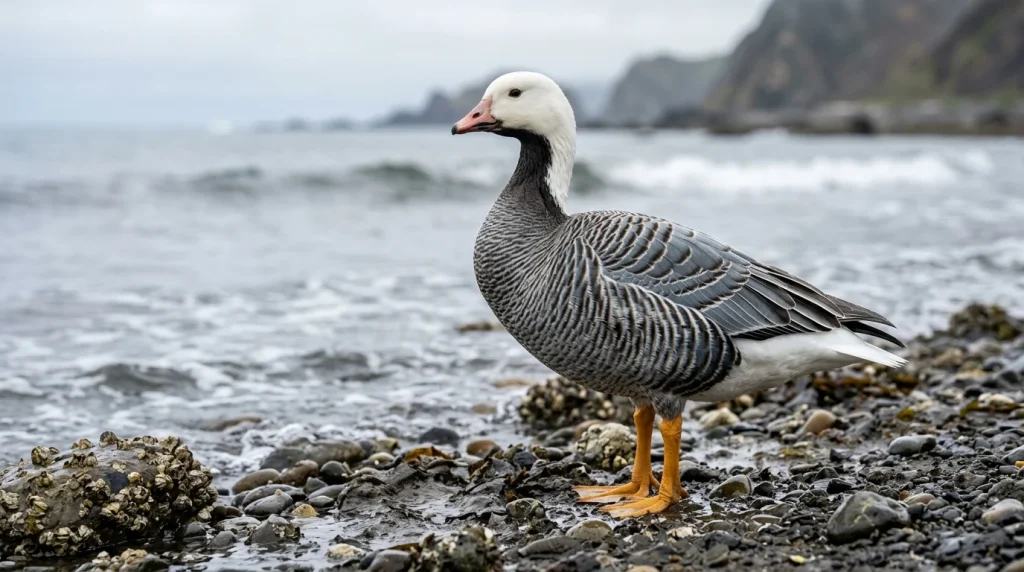 Adult Emperor Goose showing its white head, dark throat, and scaled gray plumage on an Alaskan shore.