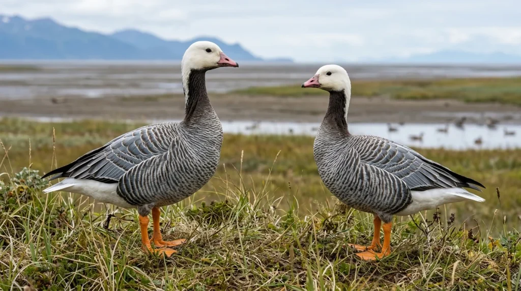 Male and female Emperor Geese with matching plumage and a modest difference in size.