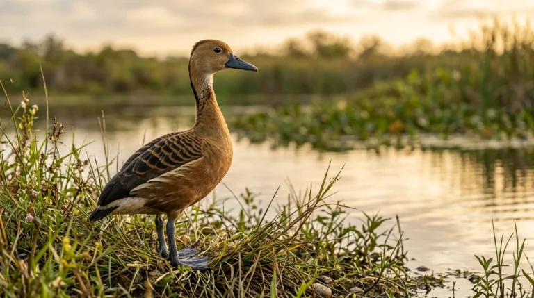 An adult Fulvous Whistling-Duck standing on a grassy shore near water in warm morning light.