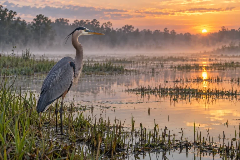 An adult Great Blue Heron standing quietly at the edge of a misty marsh at sunrise.