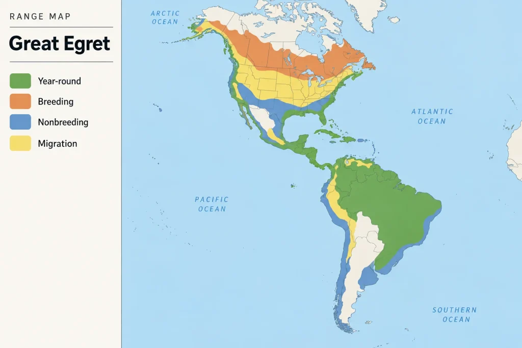 Geographic range map showing the migration and distribution of the Great Egret across the Americas.