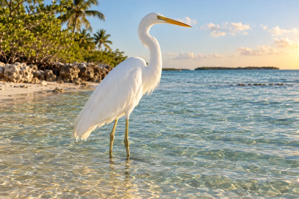 Great White Heron standing in shallow turquoise coastal water in the Florida Keys during golden hour.