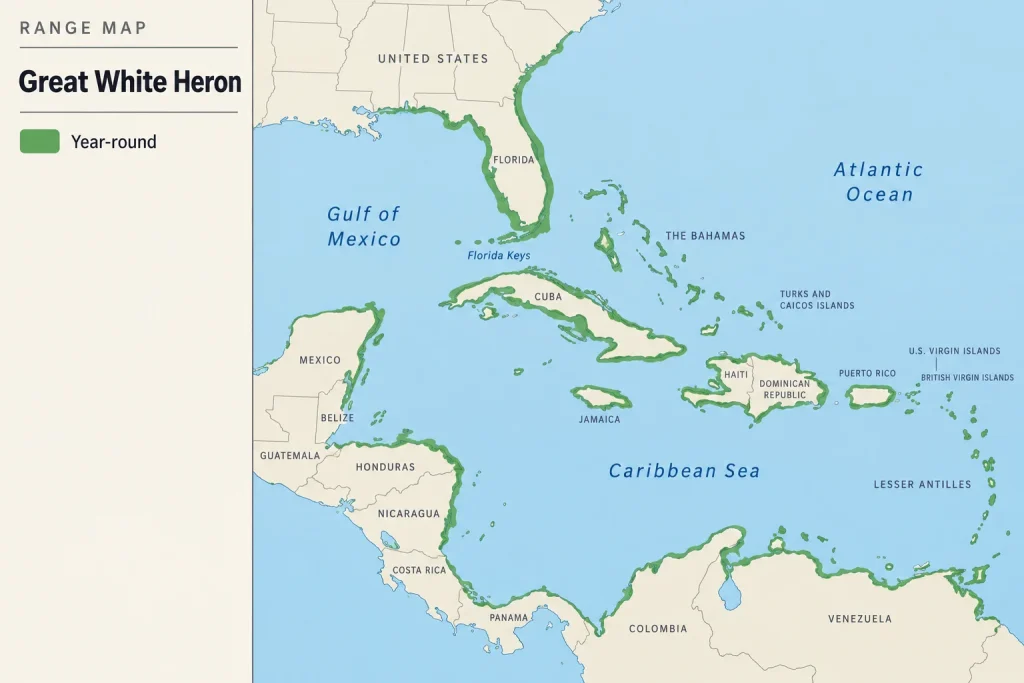 Geographic range map highlighting the coastal year-round distribution of the Great White Heron in Florida and the Caribbean.