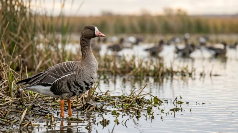 Adult Greater White-fronted Goose showing its white forehead, dark belly bars, and orange legs.