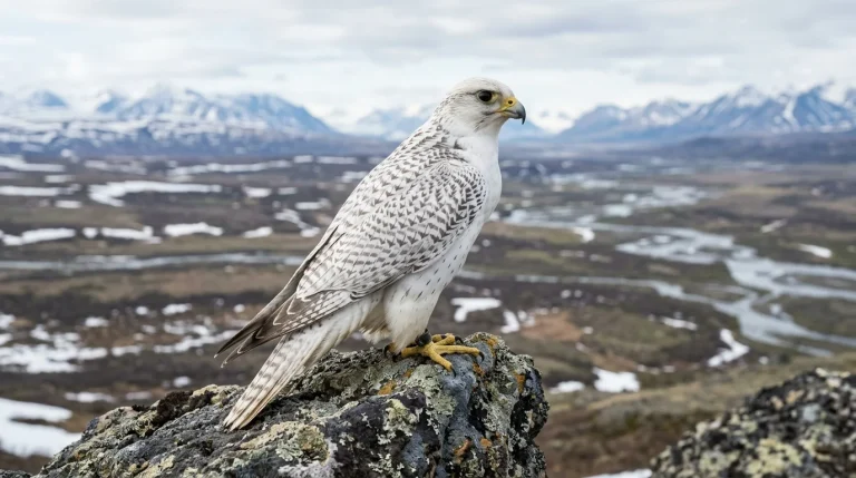 White-form Gyrfalcon perched on a rock above Arctic tundra.
