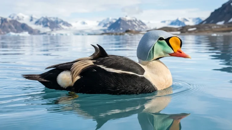 Adult male King Eider in striking breeding plumage swimming in calm Arctic water.