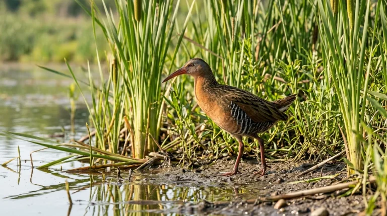 A King Rail standing in shallow marsh water showcasing its bright cinnamon chest and long bill.