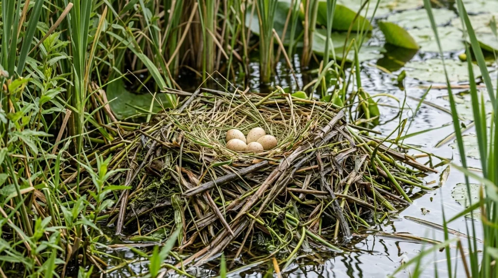 A floating nest made of decaying water plants containing several stained eggs in tall reeds.