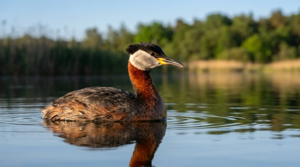 Red-necked Grebe floating on a tranquil lake in full breeding plumage.