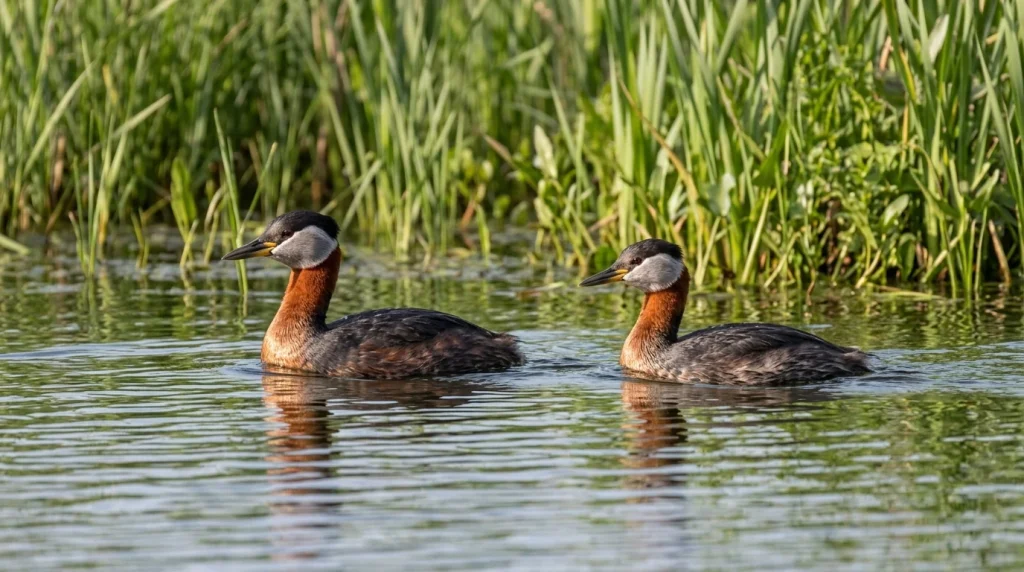 A pair of male and female Red-necked Grebes swimming together on water with labels.