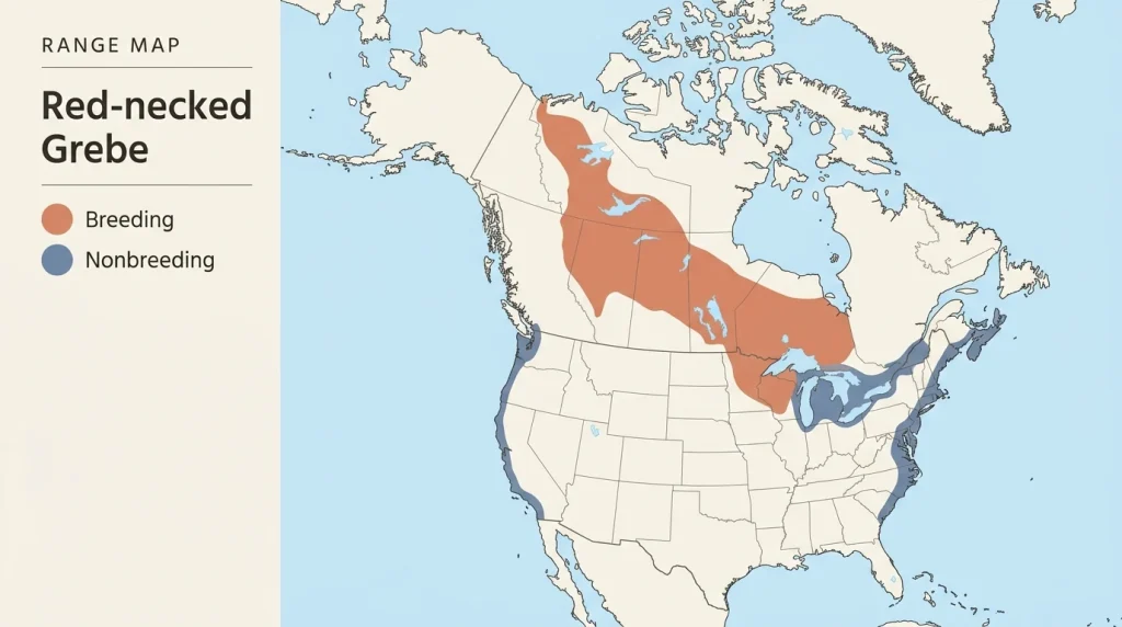 Color-coded range map showing breeding and wintering distribution of the Red-necked Grebe in North America.
