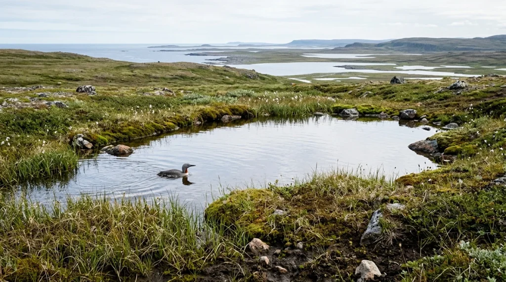Small tundra pond with sedge banks and a breeding Red-throated Loon.