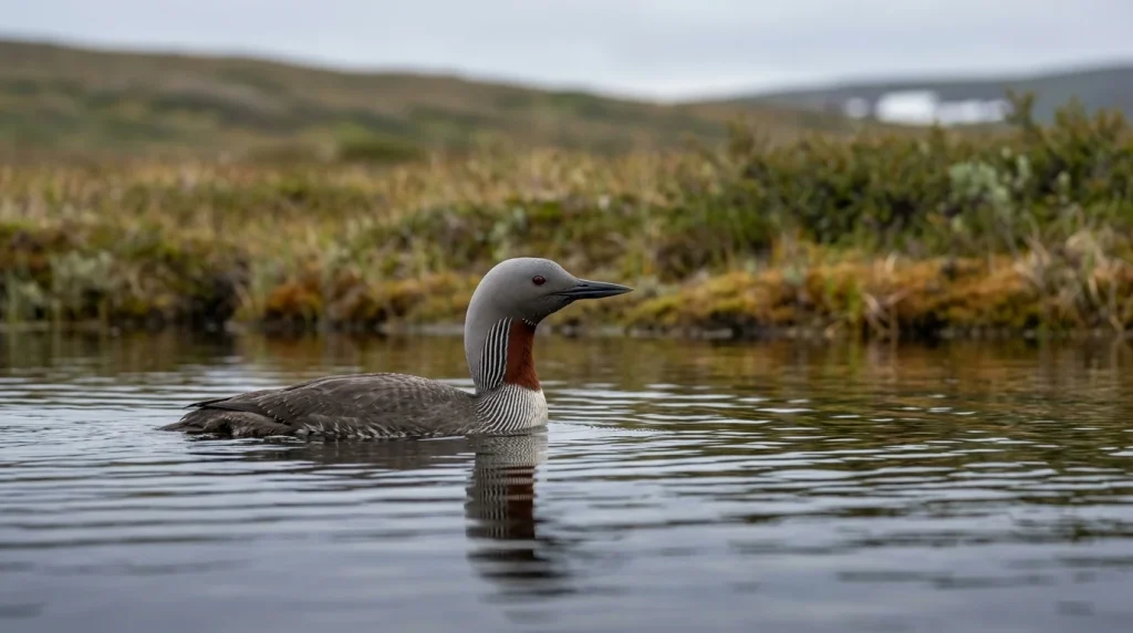 Breeding Red-throated Loon with a rusty throat patch swimming on a calm tundra pond.