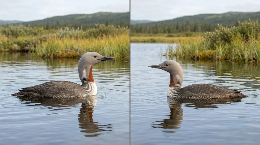 Labeled male and female Red-throated Loons showing their similar breeding plumage.