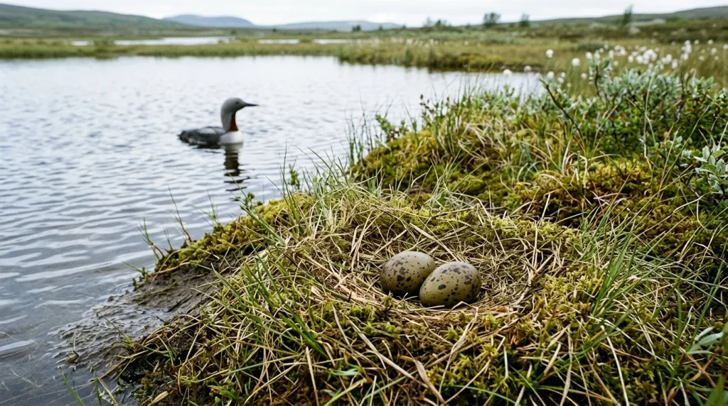 Two spotted olive-brown eggs in a shallow Red-throated Loon nest beside a tundra pond.