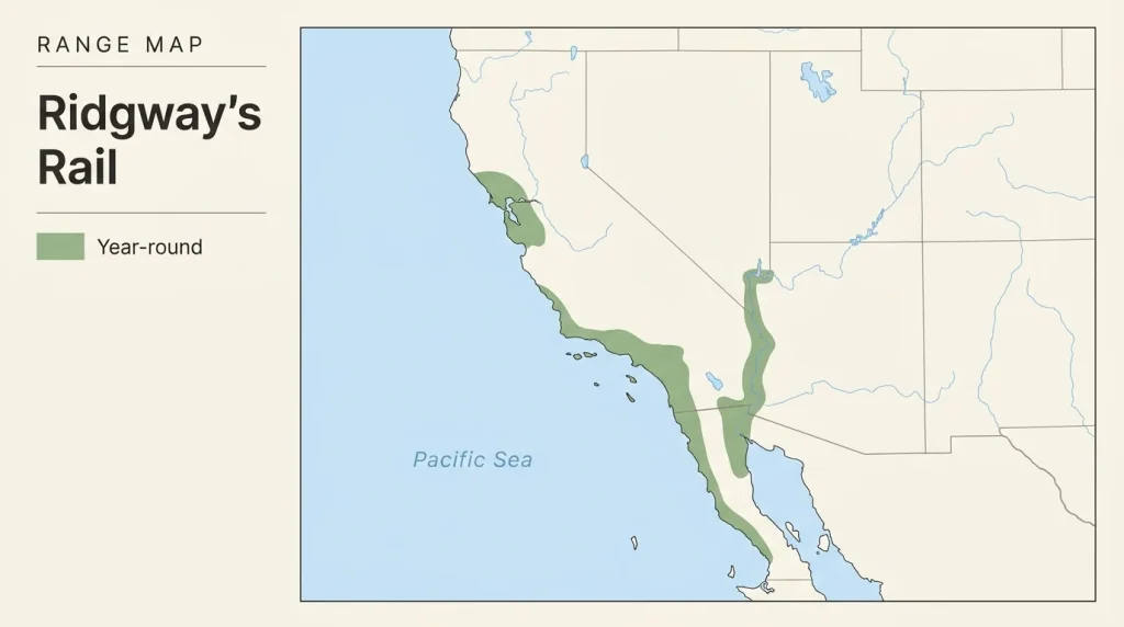 Geographic distribution range map for Ridgway's Rail in western North America.