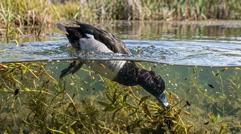 Ring-necked Duck foraging in shallow water near submerged aquatic plants and seeds.