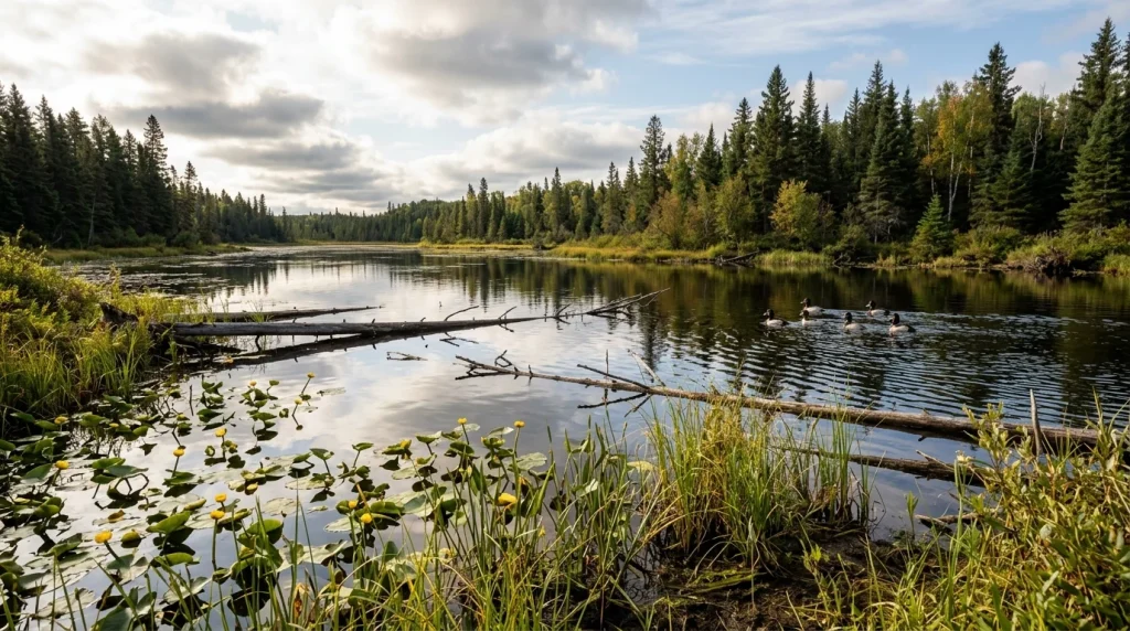 Shallow boreal freshwater wetland habitat with sedges, pond vegetation, and spruce trees.