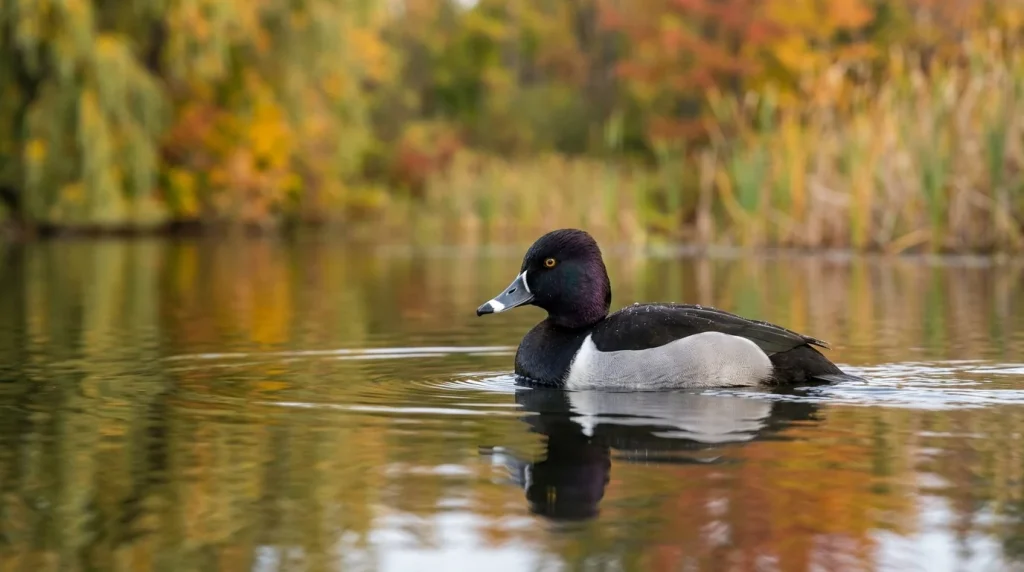 Adult male Ring-necked Duck floating on calm water showing its white-ringed bill and sharp plumage pattern.