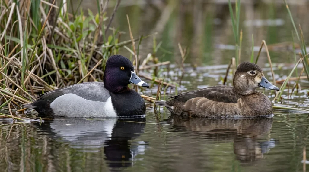 Male and female Ring-necked Duck side by side on water with clear text labels indicating Male and Female.