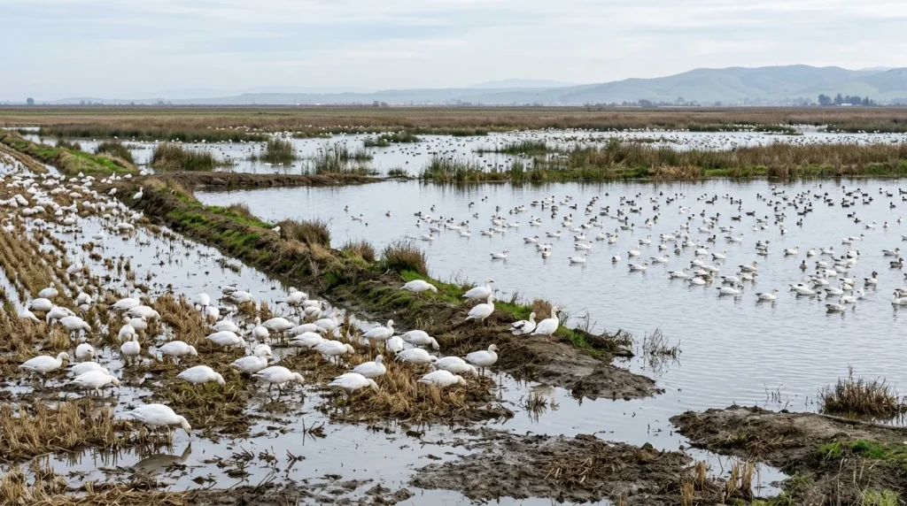 Ross’s Geese using shallow flooded fields and nearby wetland habitat in winter.