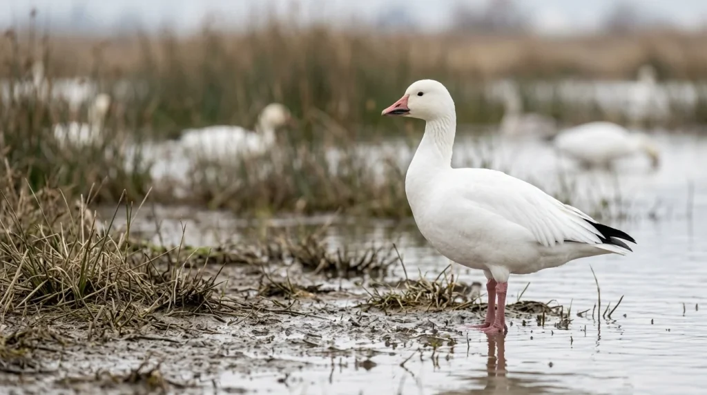 Adult Ross’s Goose showing its short pink bill and rounded head beside a shallow wetland.