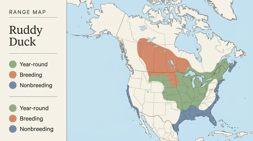 Map of North America showing the breeding, wintering, and year-round range of the Ruddy Duck.