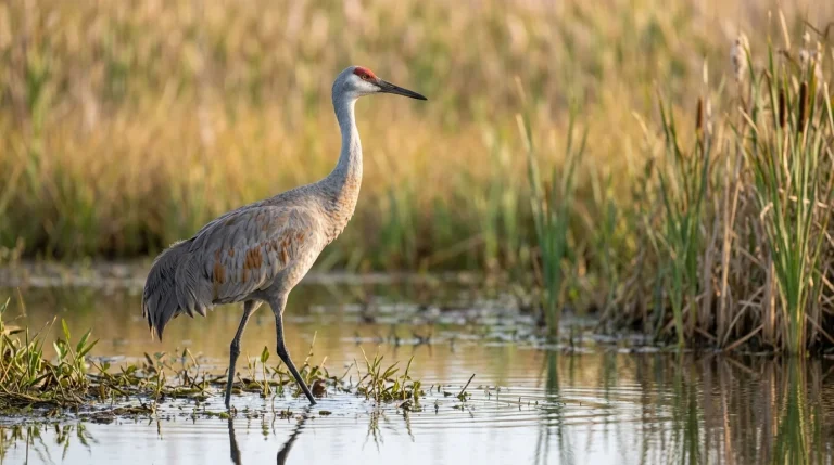 Adult Sandhill Crane with gray plumage and a red crown standing in shallow marsh water.
