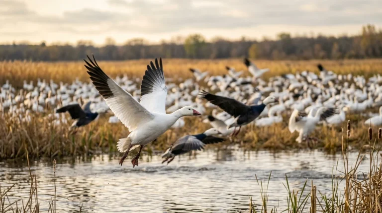 White-form Snow Goose taking flight with black wingtips visible above a marsh.