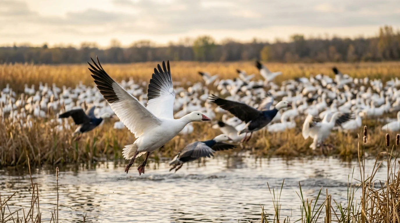 White-form Snow Goose taking flight with black wingtips visible above a marsh.