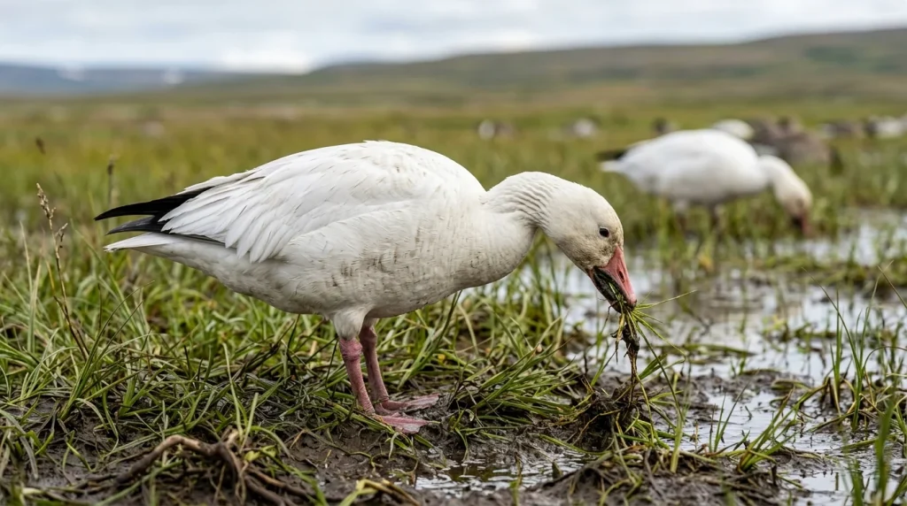 Snow Goose pulling sedges and roots from moist soil at a marsh edge.