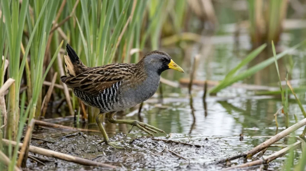 Adult Sora with a yellow bill and barred flanks walking along a muddy marsh edge.