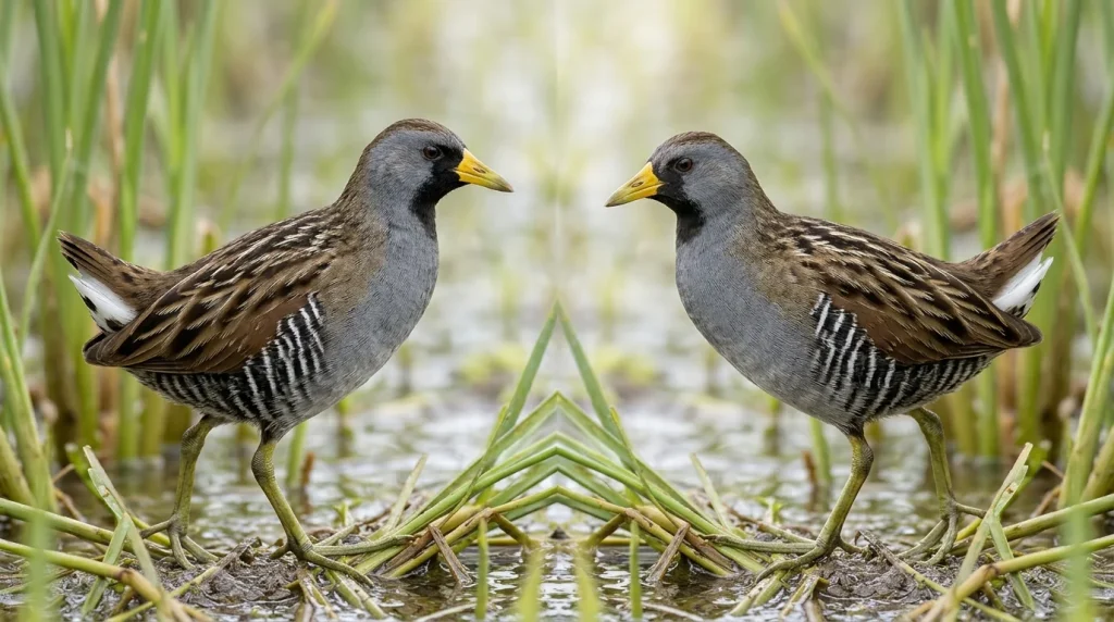 Labeled male and female Soras showing similar plumage and variable black facial markings.