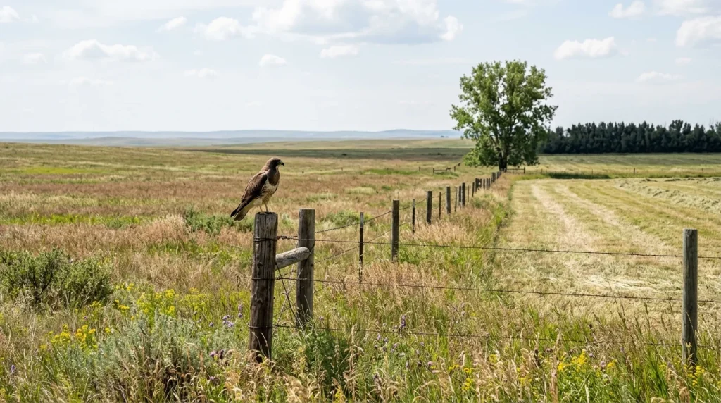 Open grassland and hayfields with scattered nesting trees and a perched Swainson’s Hawk.