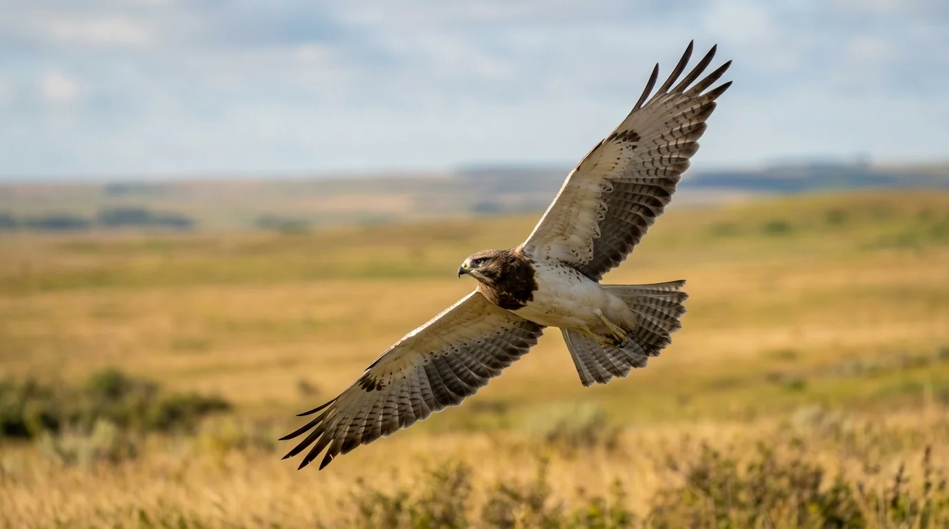 Light-morph Swainson’s Hawk banking above prairie with pale wing linings and darker flight feathers.
