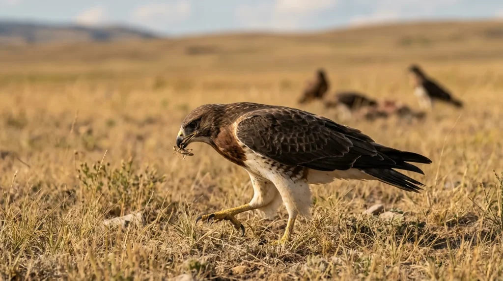 Swainson’s Hawk catching a grasshopper while foraging on foot in short grass.