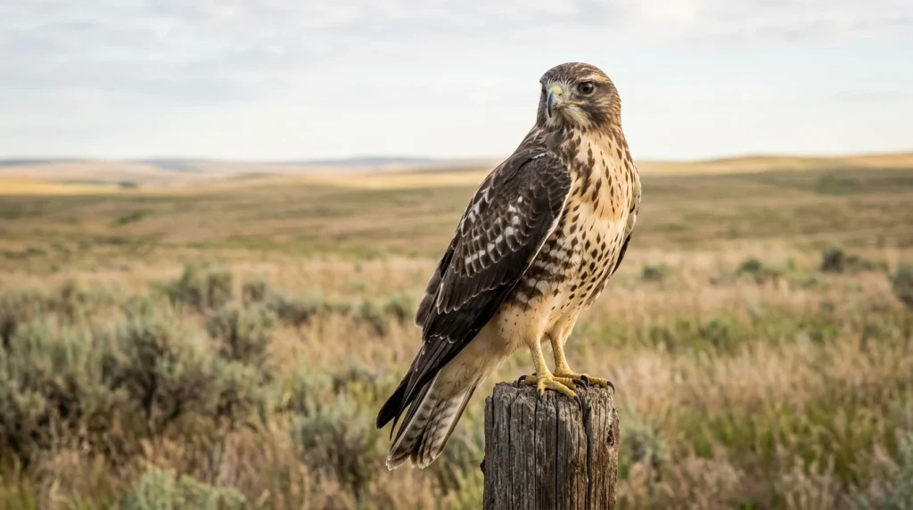 Juvenile Swainson’s Hawk with streaked buff underparts and pale-edged brown wing feathers.