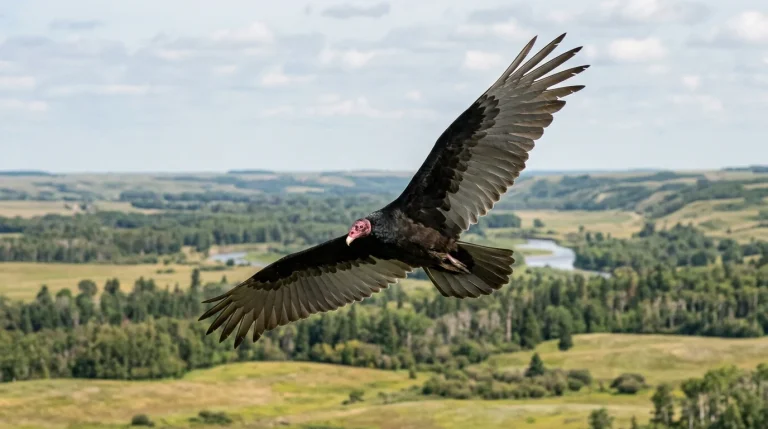 Adult Turkey Vulture gliding with raised wings and silvery flight feathers visible.