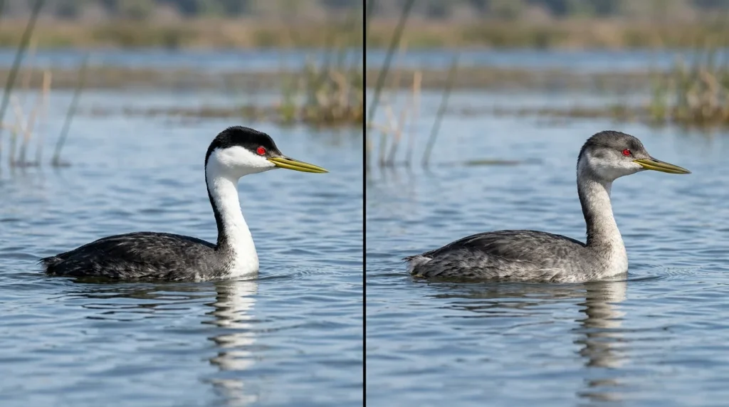 Side-by-side comparison of Western Grebe in breeding and nonbreeding plumage.