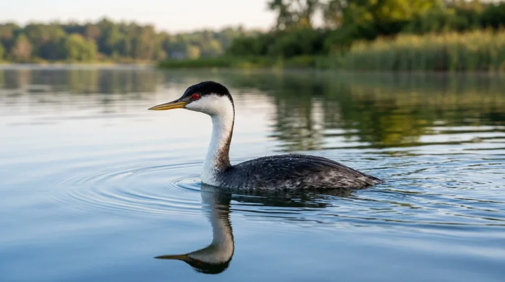 A Western Grebe swimming on a calm lake, showing its long white neck and bright red eye.