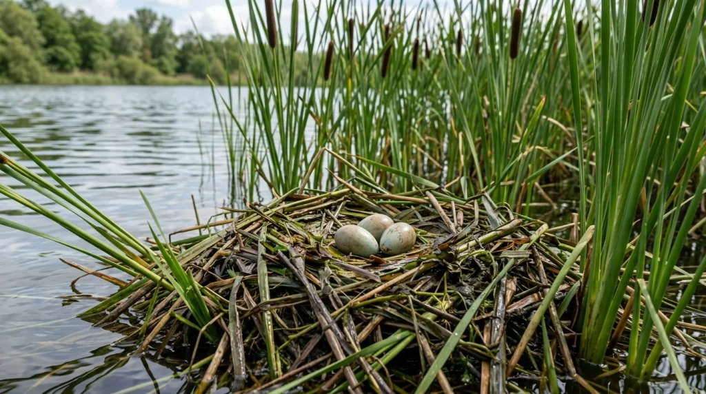 A floating nest made of reeds containing three eggs anchored among marsh vegetation.