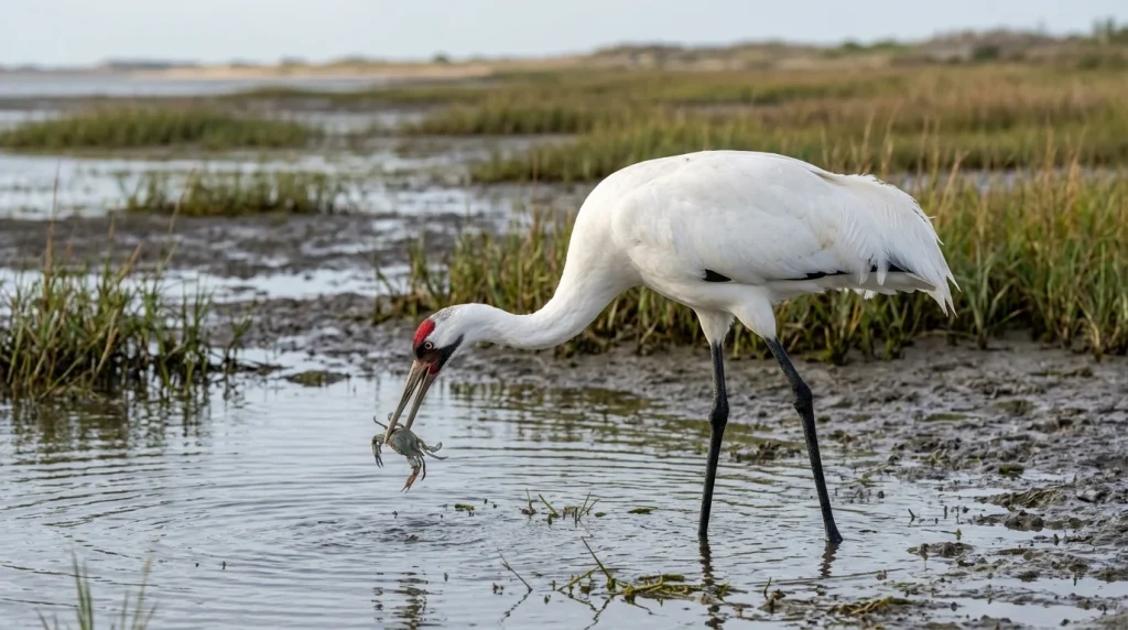 Adult Whooping Crane holding a small blue crab while feeding in shallow coastal water.