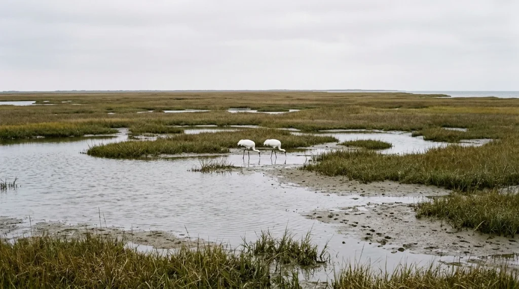 Two Whooping Cranes feeding among shallow pools and grasses in a Texas coastal salt marsh.