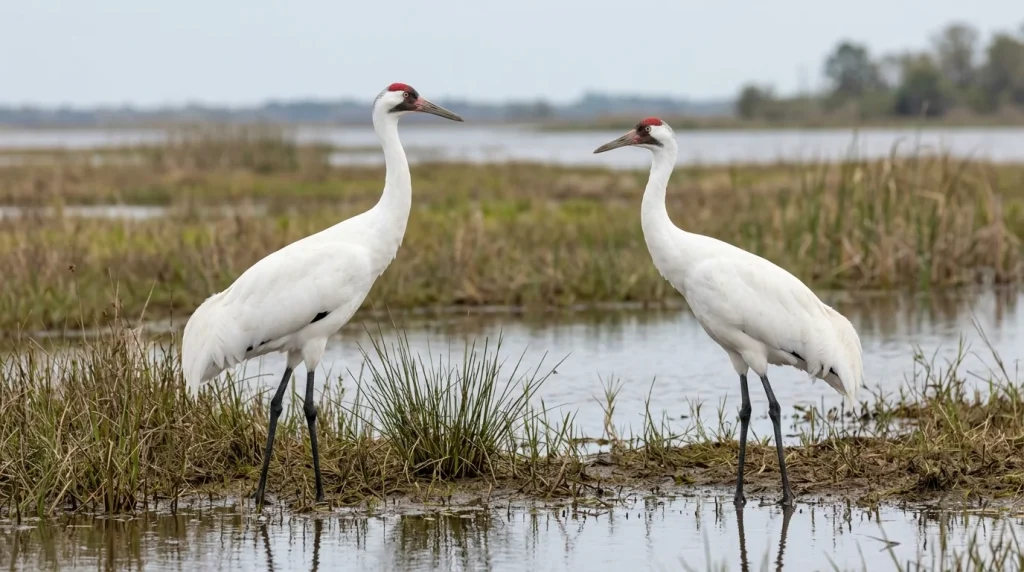 Labeled male and female Whooping Cranes with matching plumage and a modest average size difference.