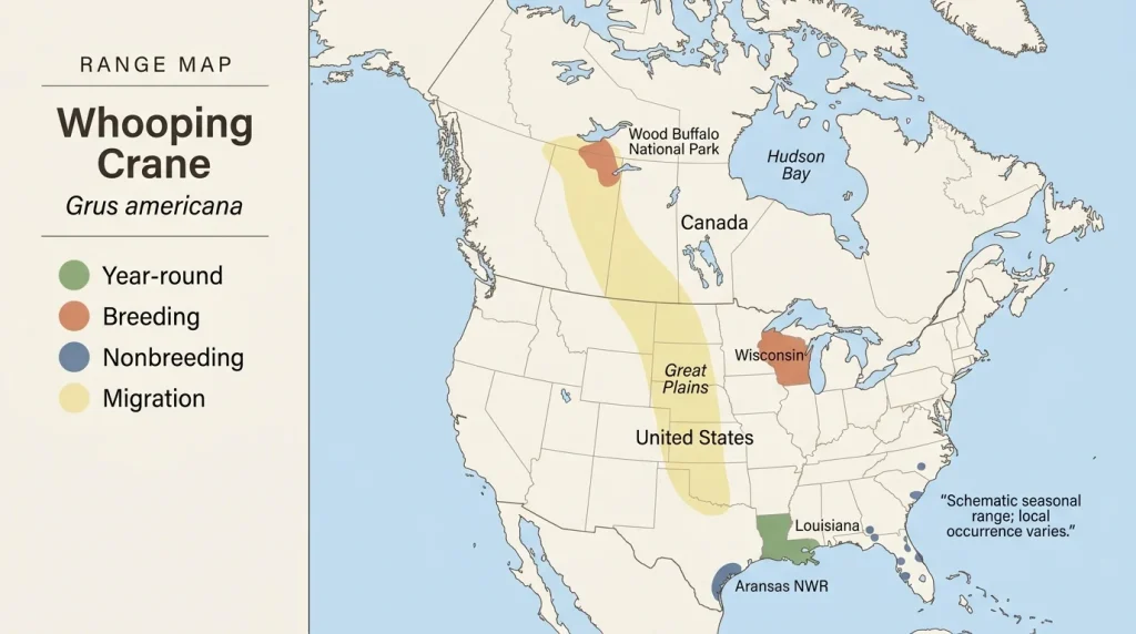 Whooping Crane range map showing Canadian breeding grounds, Texas wintering grounds, migration corridor, and reintroduced populations.